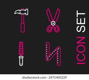Set line Folding ruler, Chisel tool for wood, Scissors and Claw hammer icon. Vector
