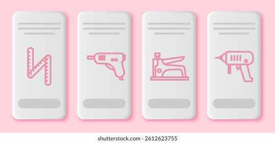 Set line Folding ruler, Electric hot glue gun, Construction stapler and Electric drill machine. White rectangle button. Vector