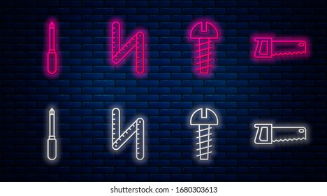 Fije la regla plegable, tornillo metálico, destornillador y sierra manual. Icono de neón brillante en la pared de ladrillo. Vector