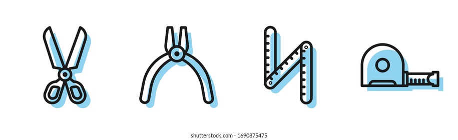 Set line Folding ruler, Scissors, Pliers tool and Roulette construction icon. Vector