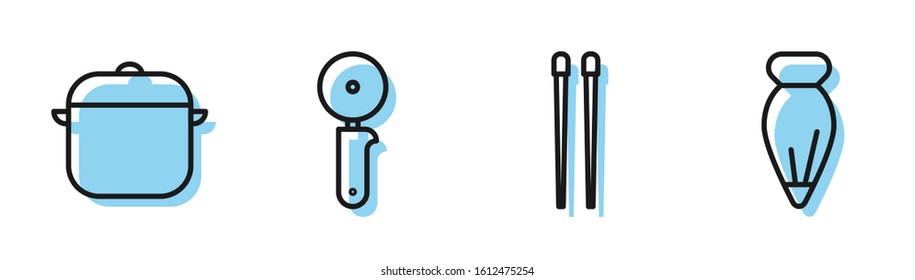 Set line Food chopsticks, Cooking pot, Pizza knife and Pastry bag for decorate cakes icon. Vector
