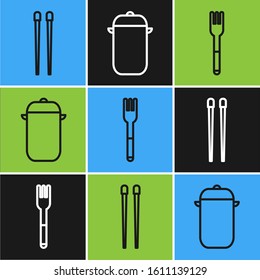 Set line Food chopsticks, Fork and Cooking pot icon. Vector