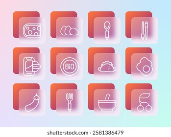 Set line Food chopsticks, Fork, Taco with tortilla, Mortar and pestle, Banner for bio, Spoon, Cheese and Chicken egg icon. Vector