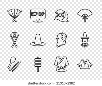 Set line Food chopsticks, Kimono, South Korea flag, Korean food tokpokki, Traditional fan, hat, and icon. Vector