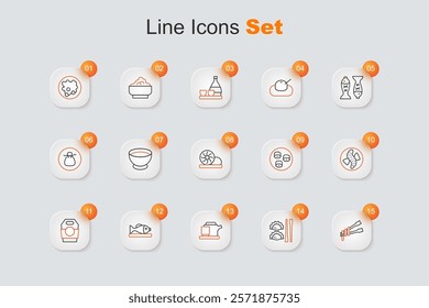 Set line Food chopsticks with noodles, Dumpling, Traditional tea ceremony, Served fish plate, Asian paper box, cucumber, Sushi and Xiao long bao icon. Vector