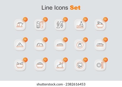 Set line Food chopsticks with plate, Rice in bowl, Roasted turkey or chicken, Chow mein on, Wonton, Fish sliced pieces,  and steak icon. Vector