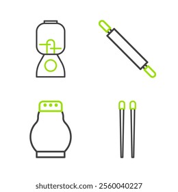 Set line Food chopsticks, Salt and pepper, Rolling pin and Blender icon. Vector
