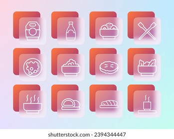 Set line Food chopsticks, Sushi, Homemade pie, Fish steak, Rice in bowl, Chow mein on plate, Asian noodles paper box and Soy sauce bottle icon. Vector