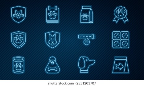 Set line Food for fish, Dog pill, Bag of food pet, Animal health insurance, Collar with name tag and Calendar grooming icon. Vector