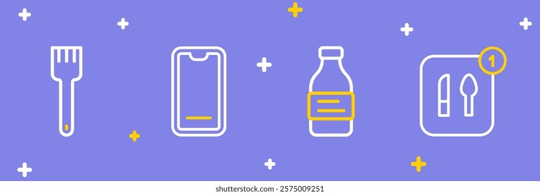 Set line Food ordering, Bottle of water, on mobile and Fork icon. Vector