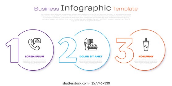 Set line Food ordering, Burger and french fries in carton package box and Paper glass with drinking straw and water. Business infographic template. Vector