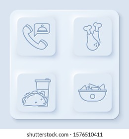 Set line Food ordering, Chicken leg, Paper glass and taco with tortilla and Nachos in plate. White square button. Vector