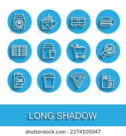 Set line Food ordering, Coffee cup to go, Online and delivery, Slice pizza, Clock 24 hours and Shopping cart food icon. Vector