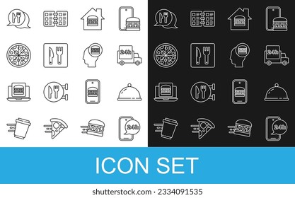Set line Food ordering, Covered with a tray of food, Fast delivery by car, Online and, Cafe restaurant location, Pizza,  and  icon. Vector