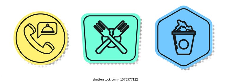 Set line Food ordering, Crossed fork and Popcorn in cardboard box. Colored shapes. Vector