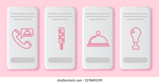 Set line Food ordering, Ice cream, Covered with a tray of food and Chicken leg. White rectangle button. Vector