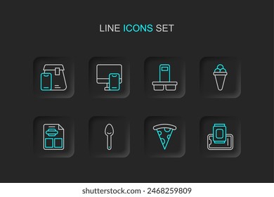 Set line Food ordering on mobile, Slice of pizza, Spoon, Restaurant cafe menu, Ice cream waffle, Coffee cup to go, Online food and  icon. Vector