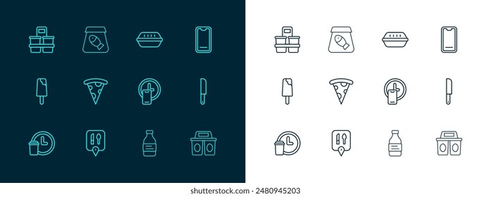 Set line Food ordering on mobile, Cafe and restaurant location, Round the clock delivery, Bottle of water, Slice pizza, Lunch box, Coffee cup to go and Online fish icon. Vector