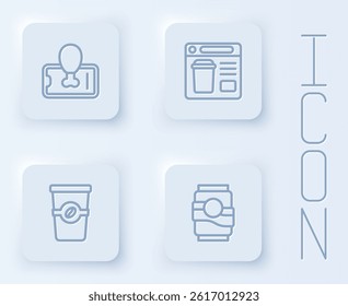 Set line Food ordering on mobile, Online food, Coffee cup to go and Soda can. White square button. Vector