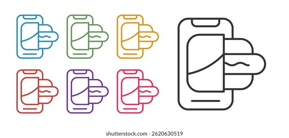 Set line Food ordering on mobile icon isolated on white background. Order by mobile phone. Restaurant food delivery concept. Set icons colorful. Vector