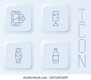 Set line Food ordering on mobile, Wine glass, Candy and Bottle of wine. White square button. Vector