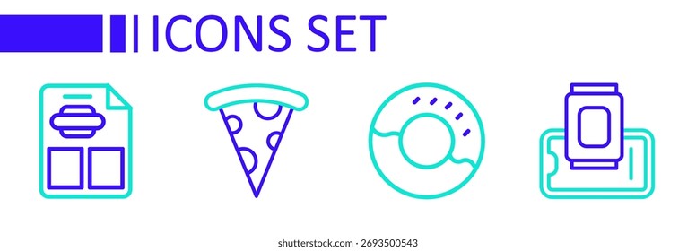 Set line Food-Bestellung auf Handy, Donut, Slice of Pizza und Restaurant Café-Menü-Symbol. Vektorgrafik
