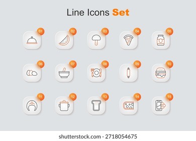 Set line Pedidos de comida no celular, Queijo, Torrada de pão, Pote de cozinha, Bife de peixe, Burger, Rolando pin e placa, garfo e faca ícone. Vetor