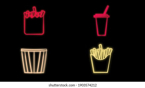 Set line Food ordering, Paper glass and taco with tortilla, Popcorn in cardboard box and Burger and french fries in carton package box. Glowing neon icon on brick wall. Vector