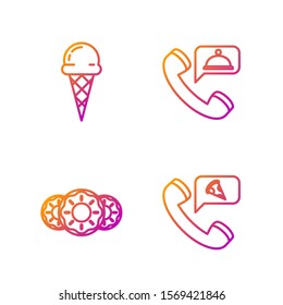 Set line Food ordering pizza, Donut with sweet glaze, Ice cream in waffle cone and Food ordering. Gradient color icons. Vector