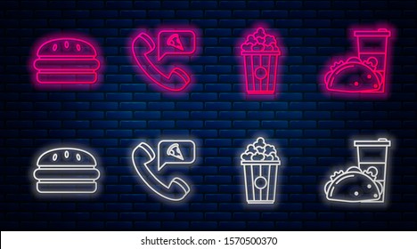 Set line Food ordering pizza, Popcorn in cardboard box, Burger and Paper glass and taco with tortilla. Glowing neon icon on brick wall. Vector