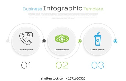 Set line Food ordering pizza, Donut with sweet glaze and Paper glass with drinking straw and water. Business infographic template. Vector