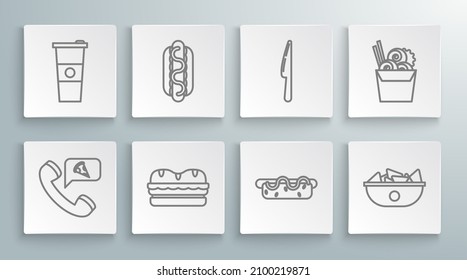 Set line Food ordering pizza, Hotdog sandwich with mustard, Sandwich, Nachos plate, Knife, Asian noodles paper box chopsticks and Paper glass water icon. Vector