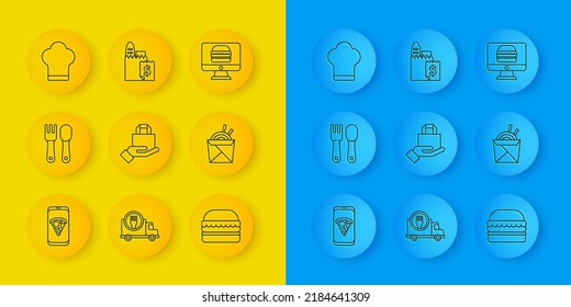 Set line Food ordering pizza, Fork and spoon, Online delivery, Burger, Asian noodles chopsticks, Chef hat,  and  icon. Vector