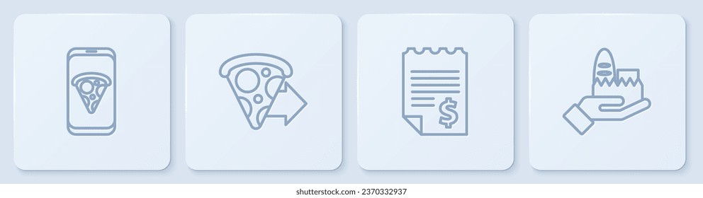 Set line Food ordering pizza, Paper financial check, Online delivery and and. White square button. Vector