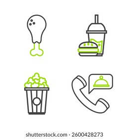 Set line Food ordering, Popcorn cardboard box, Paper glass with drinking straw and burger and Chicken leg icon. Vector