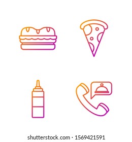 Set line Food ordering, Sauce bottle, Sandwich and Slice of pizza. Gradient color icons. Vector