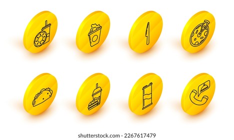 Set line Food ordering, Soda can, Paper glass with drinking straw and burger, Taco tortilla, Pizza, Knife, Popcorn cardboard box and donut icon. Vector