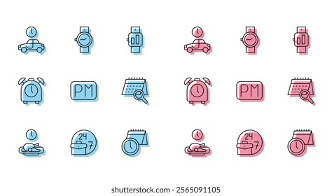 Set line Food time, Always busy, Time to travel, Calendar and clock, Day, search, Alarm and Wrist watch icon. Vector