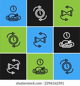 Set line Food time, Old hourglass with sand and Clock arrow icon. Vector