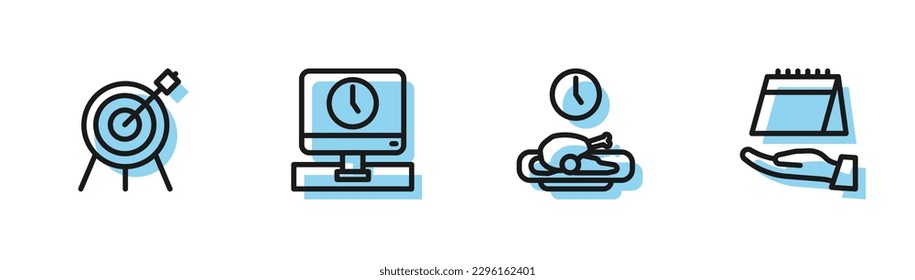 Fijar la línea Tiempo de comida, Deportes de destino, Monitor y Calendario. Vector