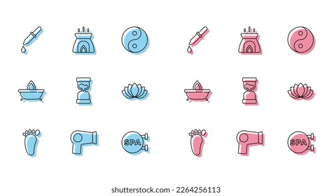 Set line Foot massage, Hair dryer, Pipette, Spa salon, Old hourglass, Lotus flower, Aroma candle and  icon. Vector