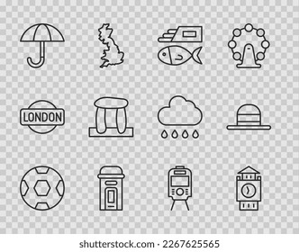 Set line Football ball, Big Ben tower, Fish and chips, London phone booth, Umbrella, Stonehenge, Tram railway and Elegant women hat icon. Vector