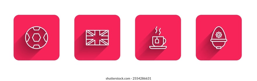 Set line Football ball, Flag of Great Britain, Cup tea with tea bag and British police helmet with long shadow. Red square button. Vector