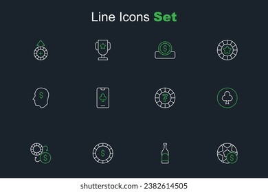 Set line Football betting money, Bottle of wine, Casino chip with dollar, chips exchange, Playing card clubs symbol, Online poker table game and Lucky player icon. Vector