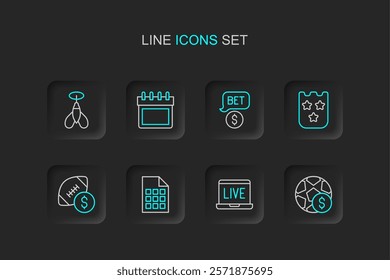 Set line Football betting money, Online poker table game, Lottery ticket, American football, Casino chip with dollar, Calendar and Dart arrow icon. Vector