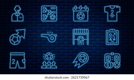 Set line Football betting money, Planning strategy concept, or soccer calendar, Whistle, Soccer football, commentator, goal with and Championship tournament bracket icon. Vector