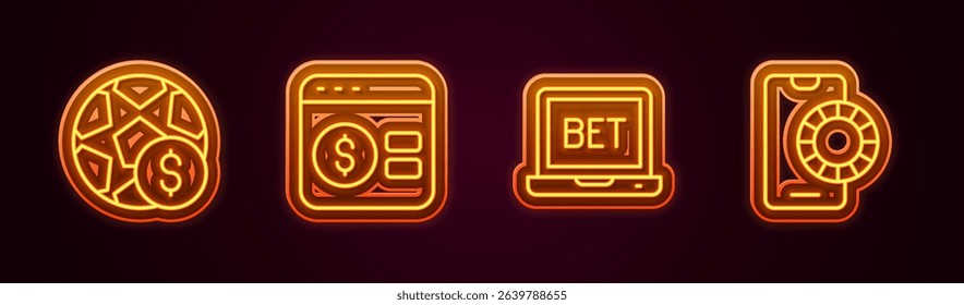 Set line Football betting money, Online poker table game, sports and . Glowing neon icon. Vector