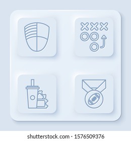 Set line Football club logo template, Planning strategy concept, American Football ticket and paper glass soda with drinking straw and American Football ball with medal. White square button. Vector