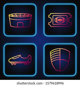 Set line Football club logo template, Soccer or football shoes with spikes, Football stadium and American Football ticket. Gradient color icons. Vector