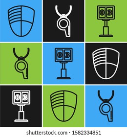 Set line Football club logo template, Sport football mechanical scoreboard and result display and Whistle icon. Vector